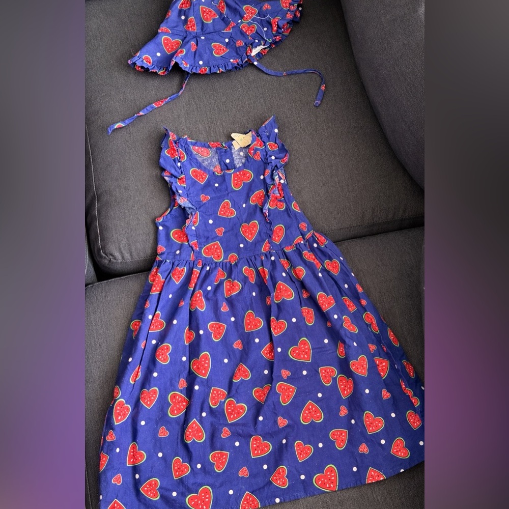 Emma & Elsa Girls Size 5T Summer Dress & Sunhat – Watermelon & Hearts Print